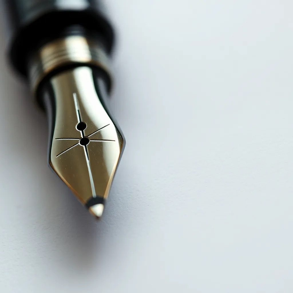 The nib of a fountain pen on top of a blank page of paper