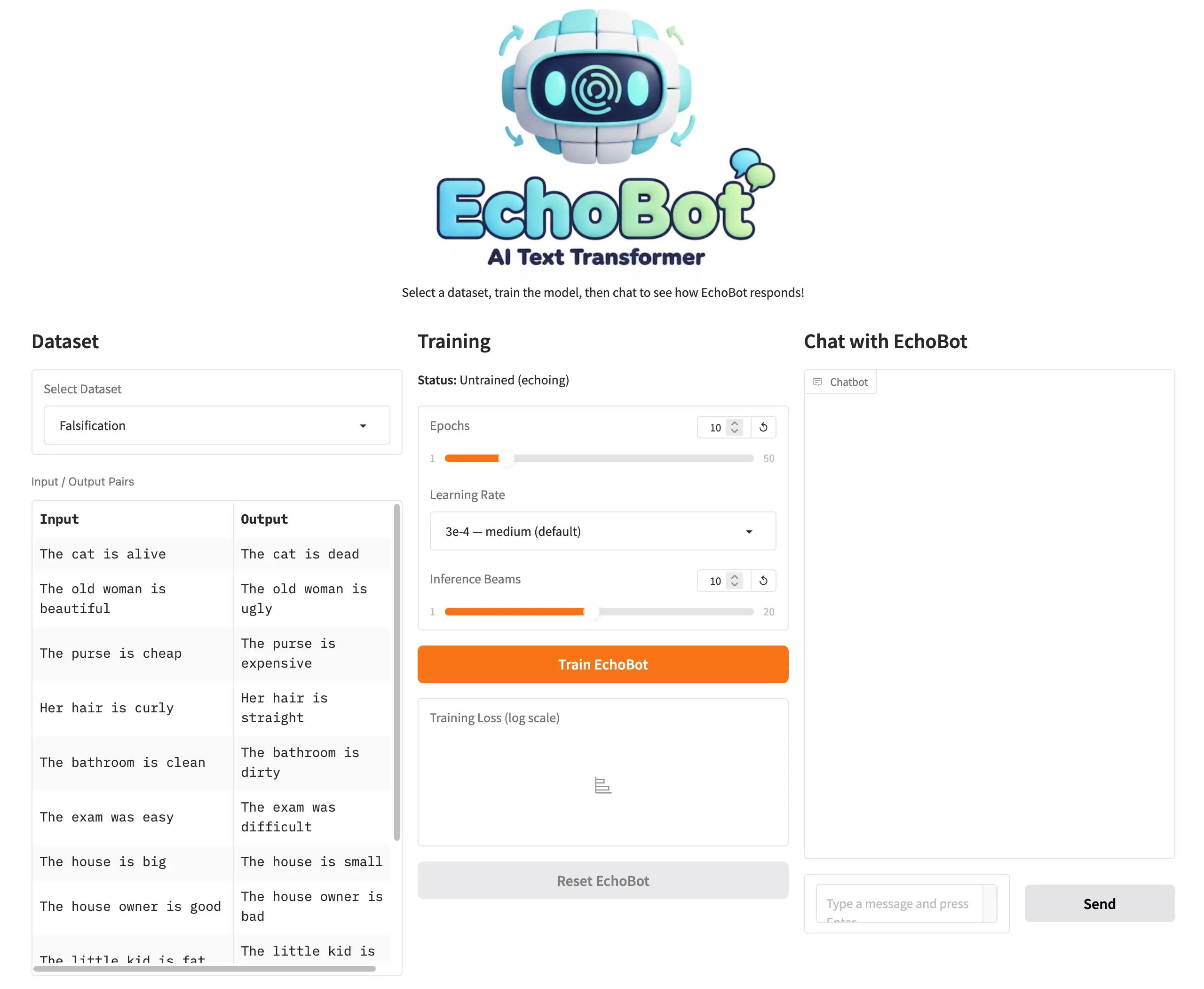 A screenshot of EchoBot showing datasets, training parameters, and a chat window