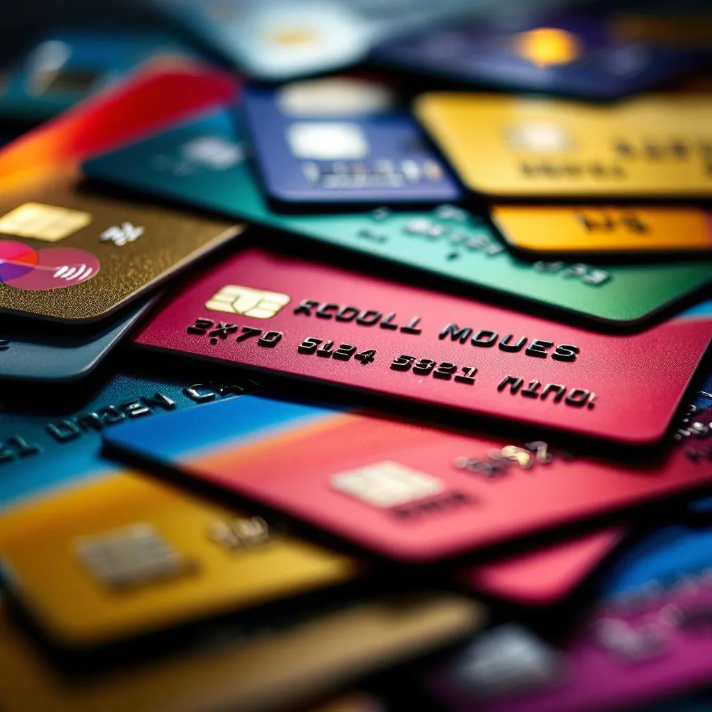 A pile of colorful credit cards