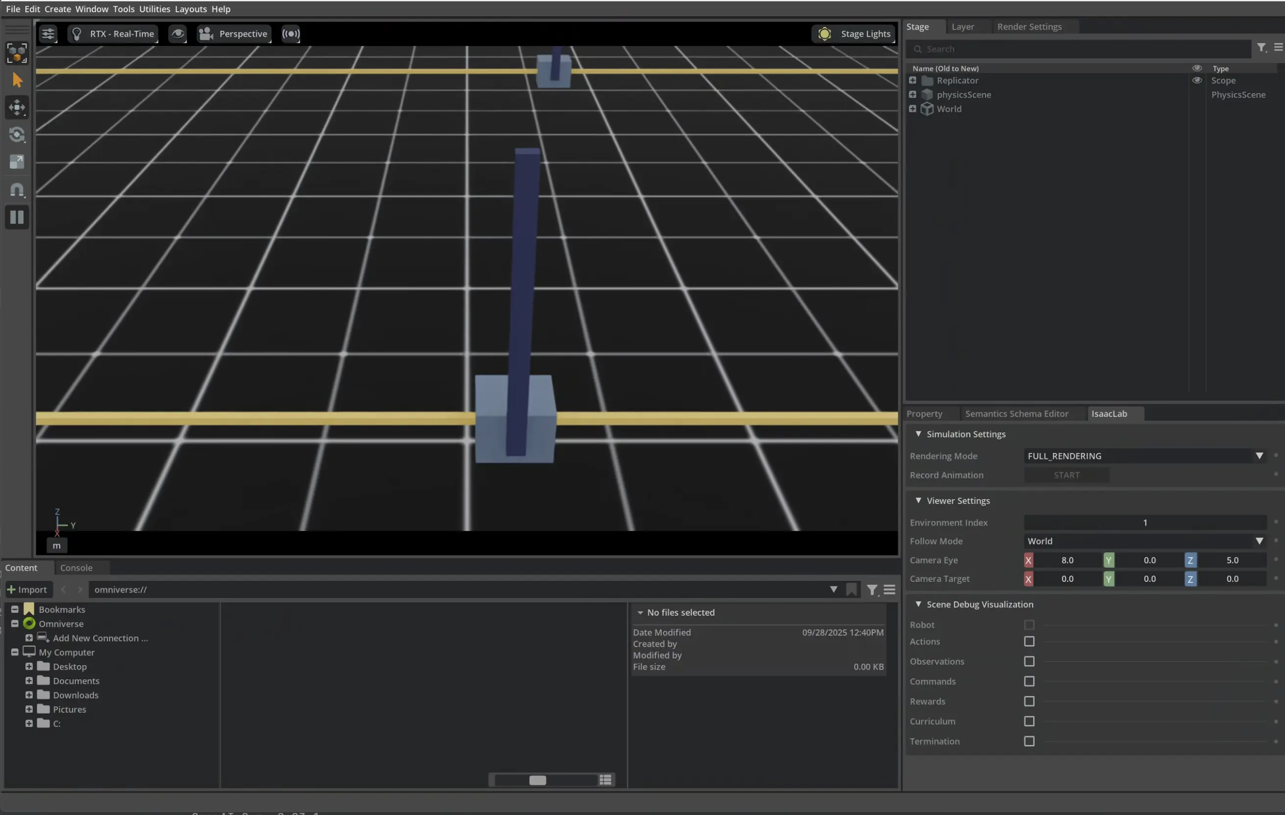 A screenshot of a cartpole simulation environment in NVIDIA IsaacLab
