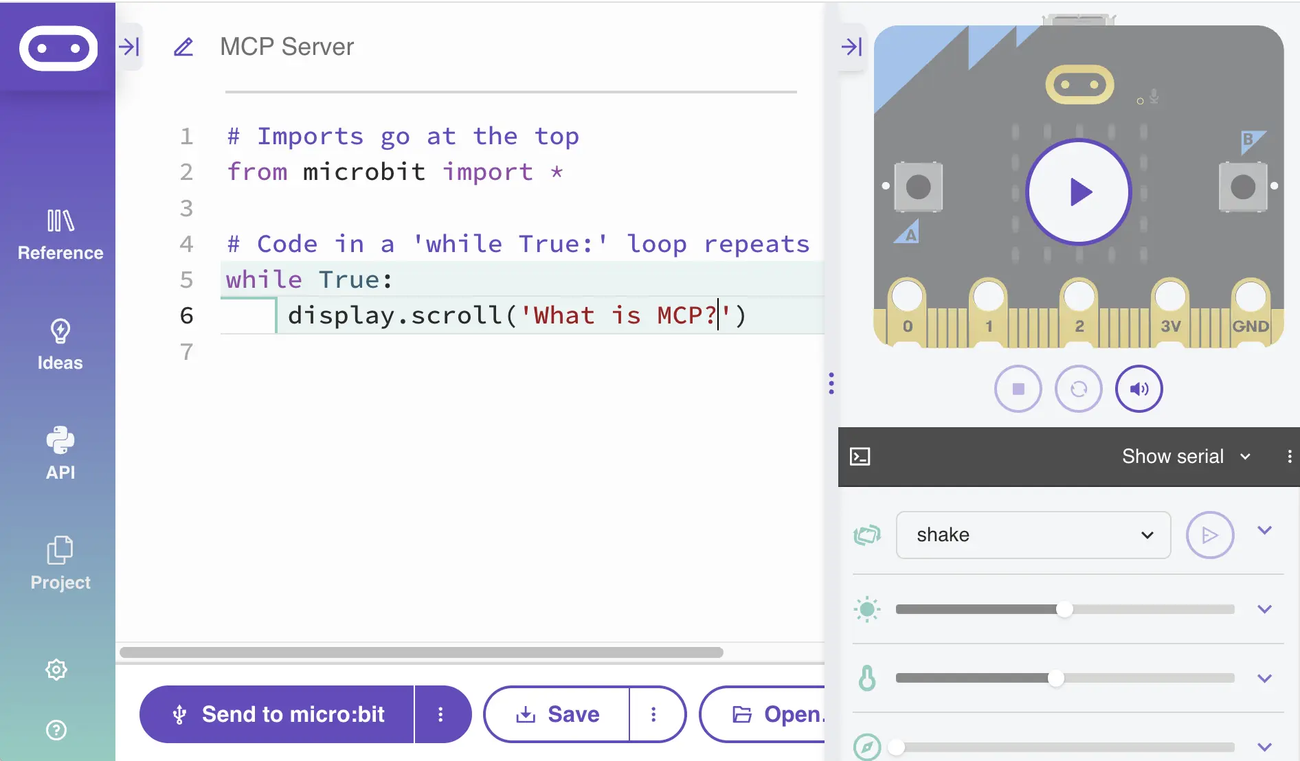 A screenshot of the micro:bit Python IDE, showing code that reads &#039;What is MCP?'