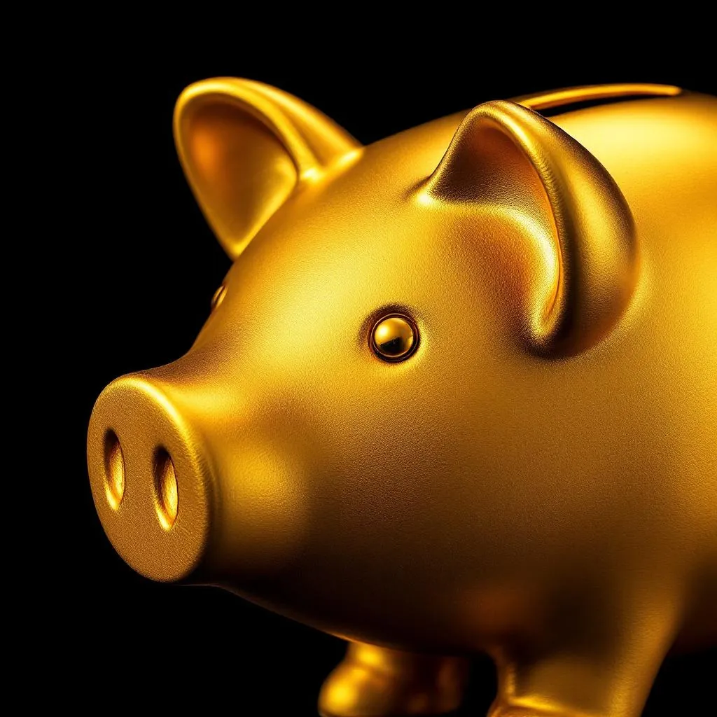 A side shot of a golden piggy bank, plain decor