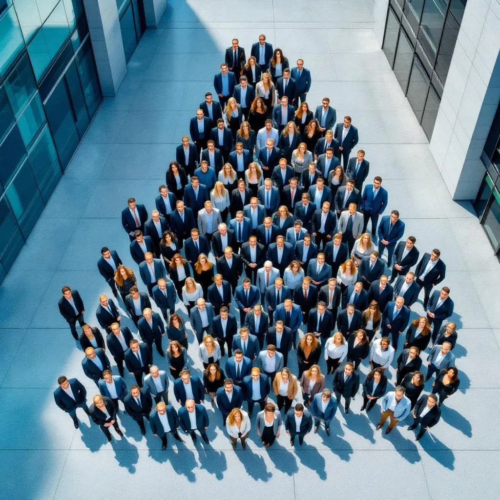An aerial shot of a group of business people, arranged in the shape of a triangle