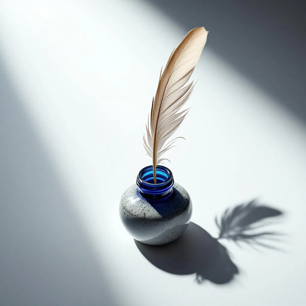 A quill in a pot of blue ink against a white background.
